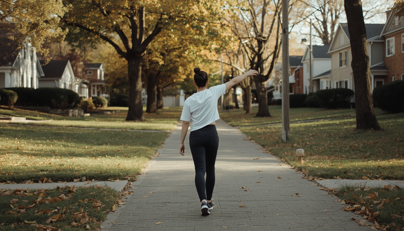 Person stretching before a calm neighborhood walk
